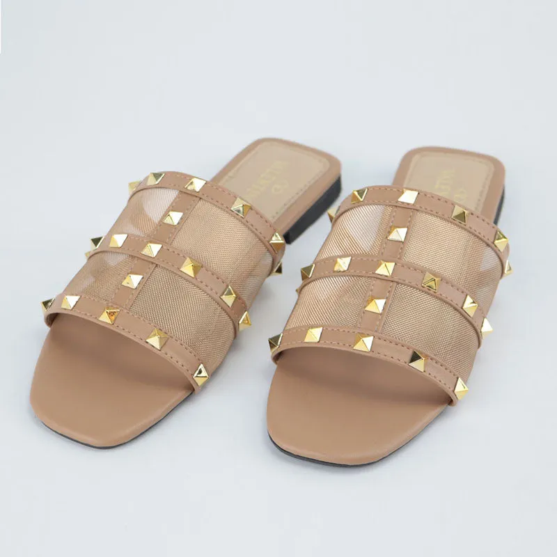 Causal Studded Open-Toe Flat Slipper Slides #10378 #22