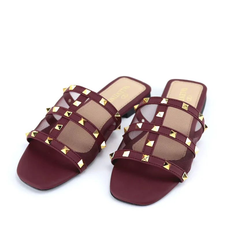 Causal Studded Open-Toe Flat Slipper Slides #10378 #22