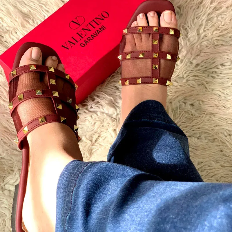Causal Studded Open-Toe Flat Slipper Slides #10378 #22