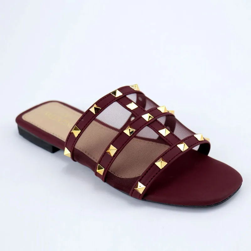 Causal Studded Open-Toe Flat Slipper Slides #10378 #22