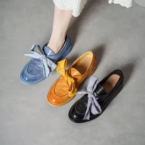 Classic British Style Round Toe Loafers with Bow Tie Design Black/Blue/Yellow