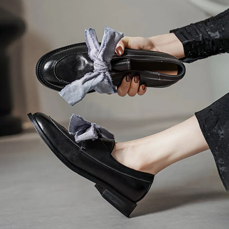 Classic British Style Round Toe Loafers with Bow Tie Design Black/Blue/Yellow