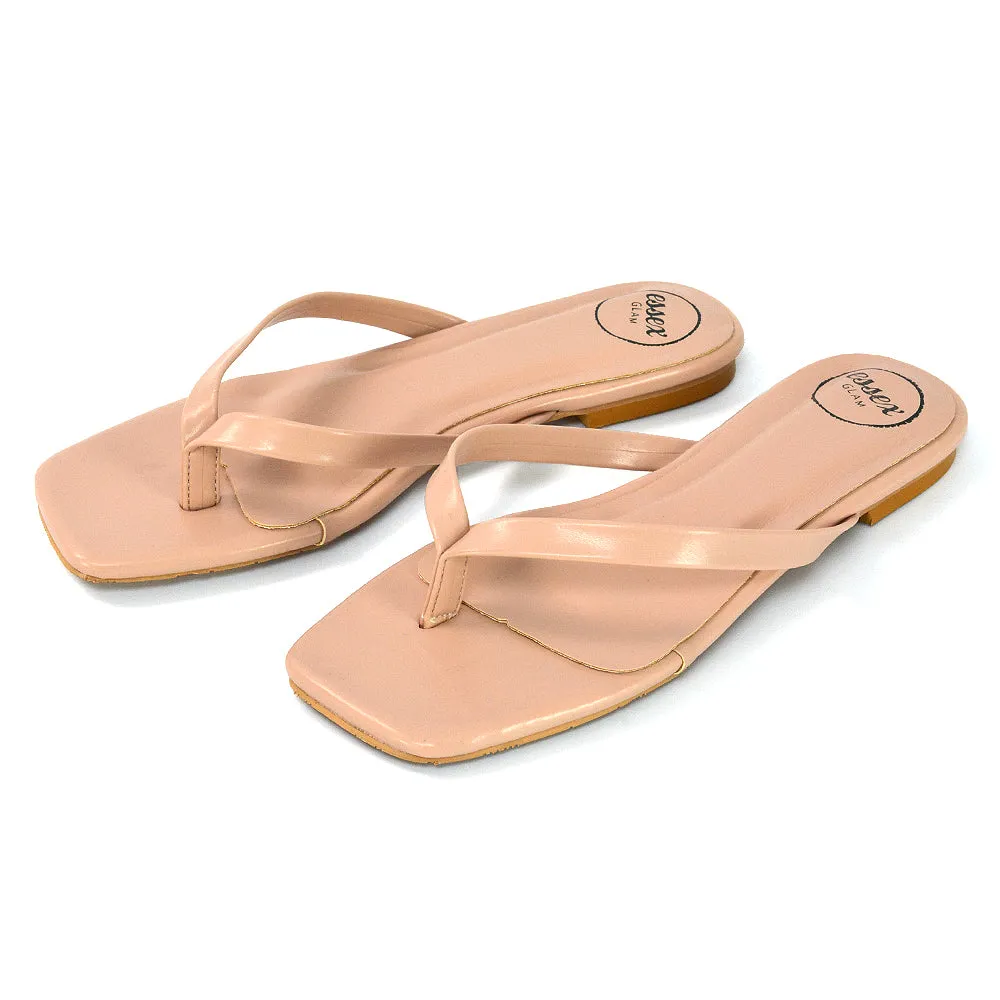 CODY FLAT SLIP ON SQUARE TOE THONG FLIP FLOP SANDAL SLIDES IN STONE SYNTHETIC LEATHER