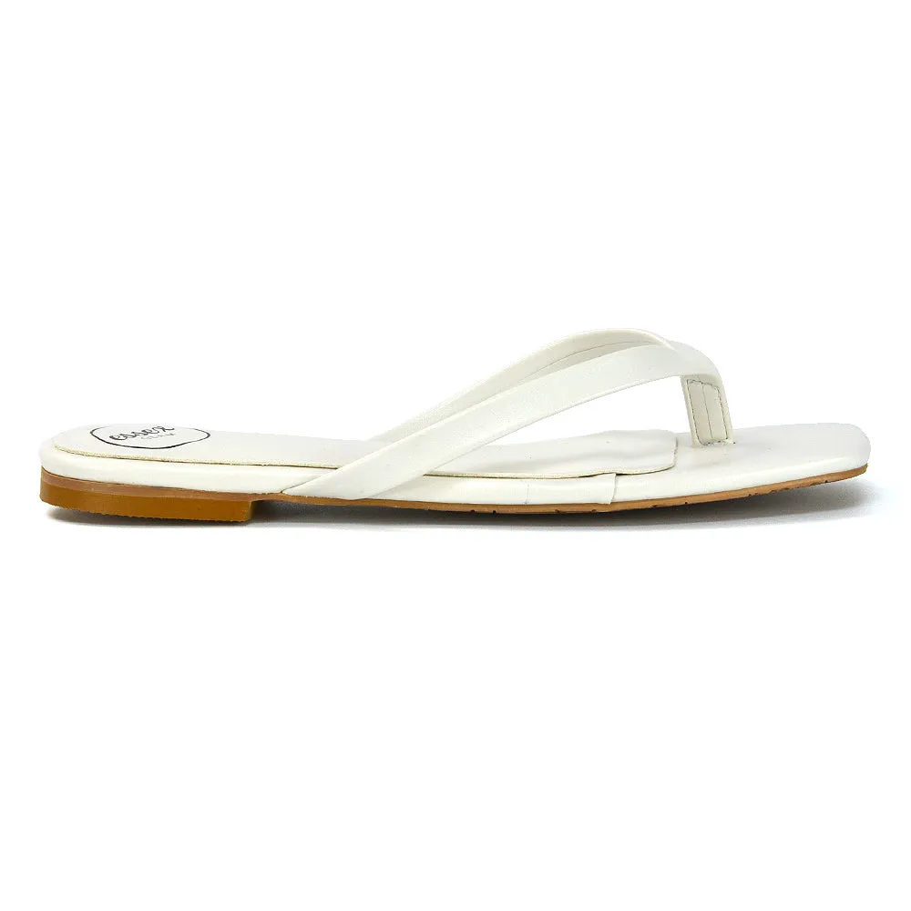 CODY FLAT SLIP ON SQUARE TOE THONG FLIP FLOP SANDAL SLIDES IN STONE SYNTHETIC LEATHER