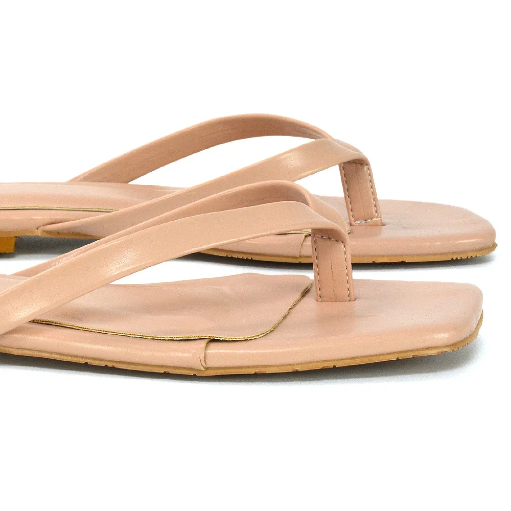 CODY FLAT SLIP ON SQUARE TOE THONG FLIP FLOP SANDAL SLIDES IN STONE SYNTHETIC LEATHER