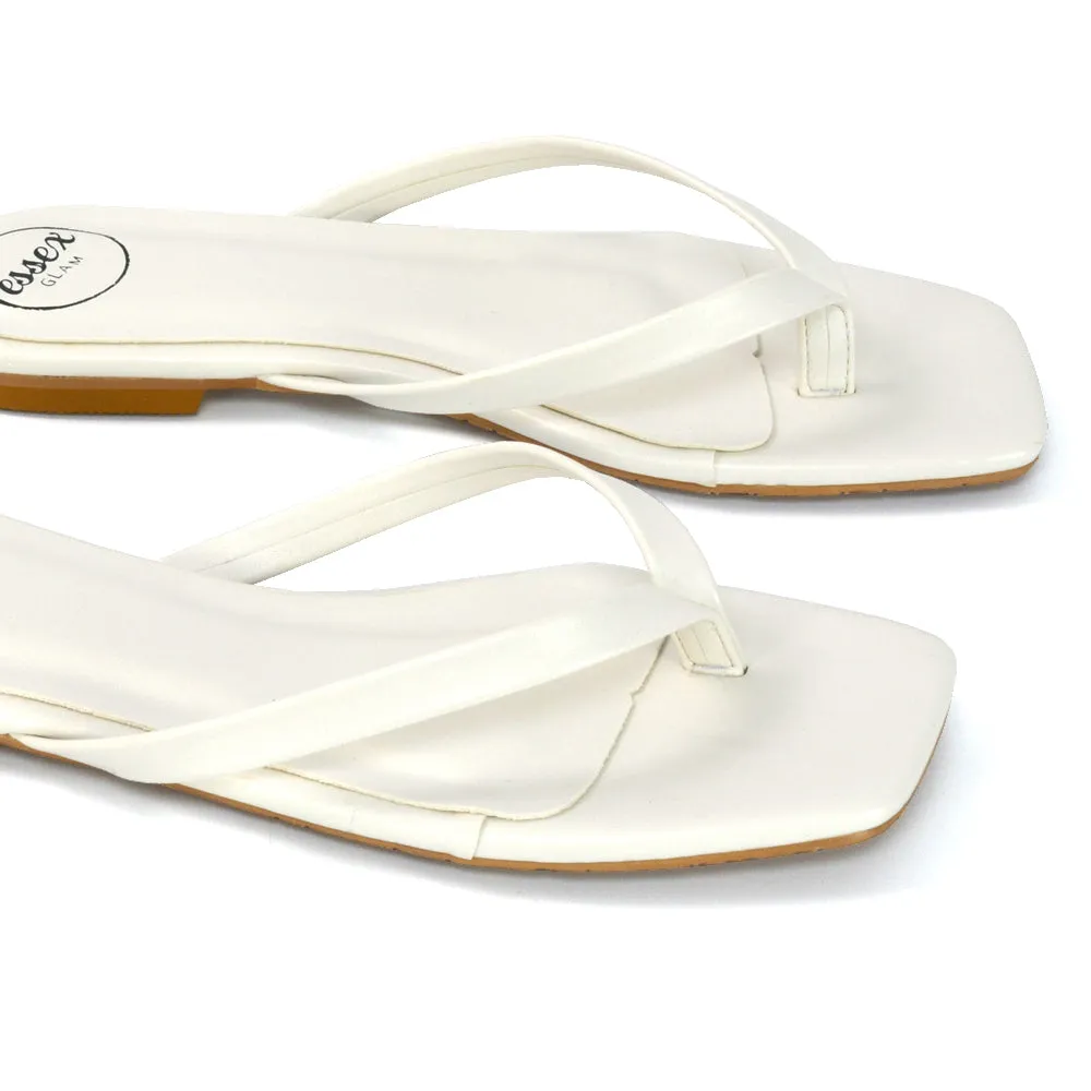 CODY FLAT SLIP ON SQUARE TOE THONG FLIP FLOP SANDAL SLIDES IN STONE SYNTHETIC LEATHER