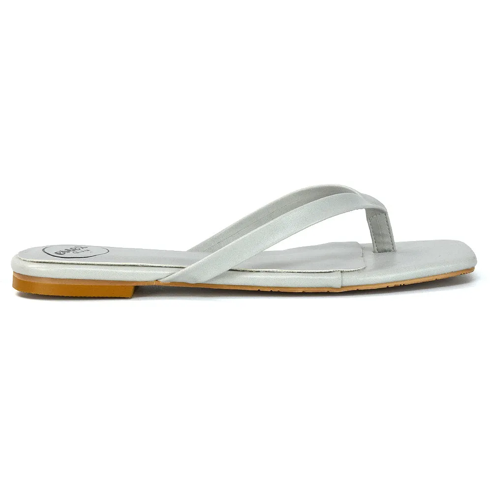 CODY FLAT SLIP ON SQUARE TOE THONG FLIP FLOP SANDAL SLIDES IN STONE SYNTHETIC LEATHER