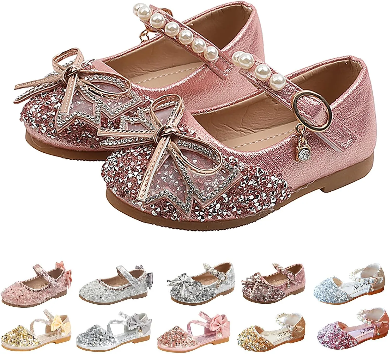 EnJoCho Girls Toddler/Little Kid Pearl Crystal Dress Flats Shoes Bow Flower Girl Ballet Flat Bling Bowknot Princess Sandals