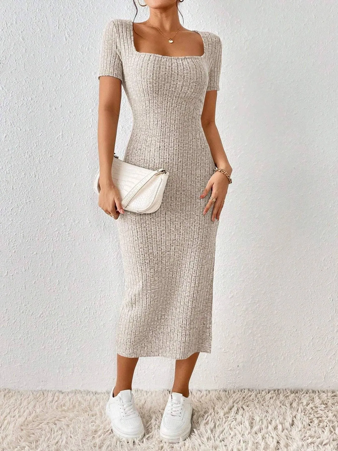 Solid Square Collar Hip Wrap Dress