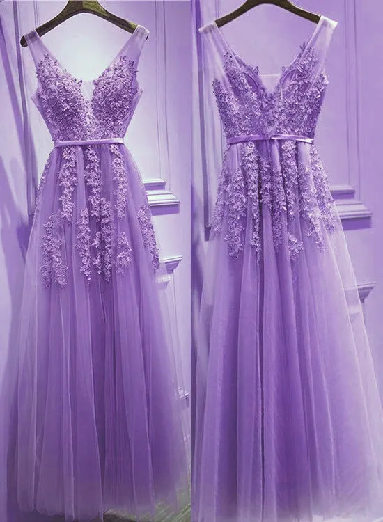 Solvbao Beautiful Light Purple Tulle V-neckline Party Dress , Tulle Formal Gowns