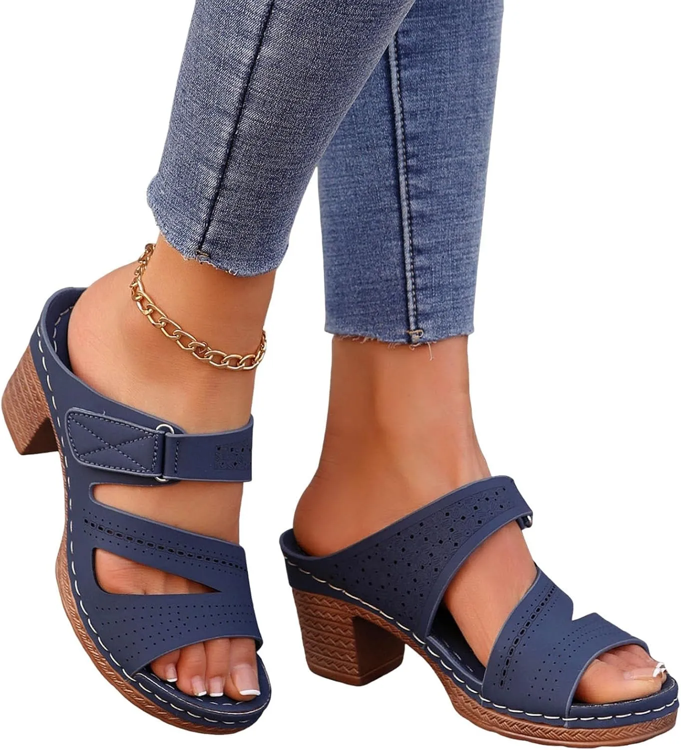 Womens Chunky Heels Sandals Casual Dressy Open Toe Adjustable Ankle Strap Slip On Beach Slides Platform Heels Slippers