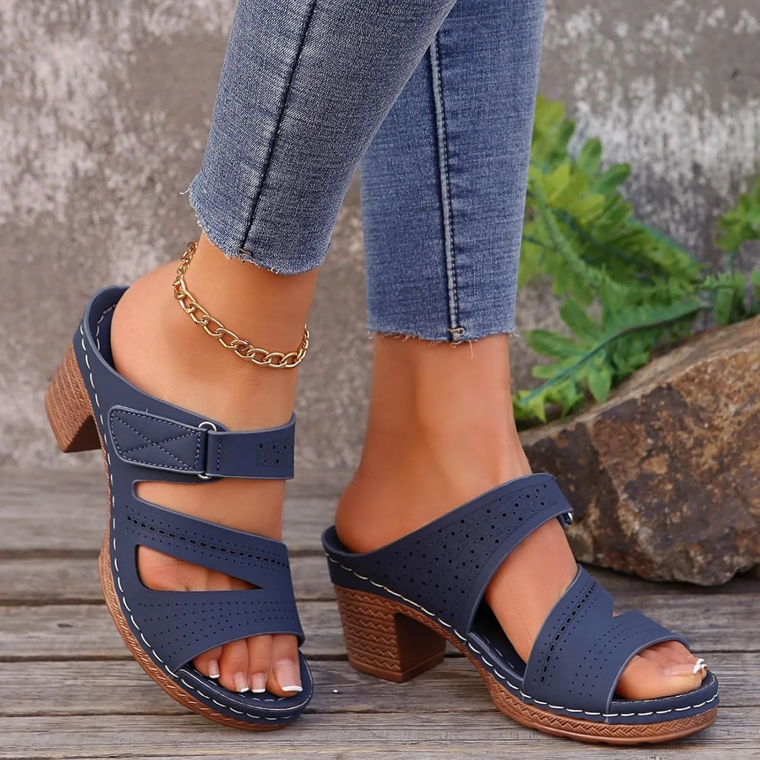 Womens Chunky Heels Sandals Casual Dressy Open Toe Adjustable Ankle Strap Slip On Beach Slides Platform Heels Slippers