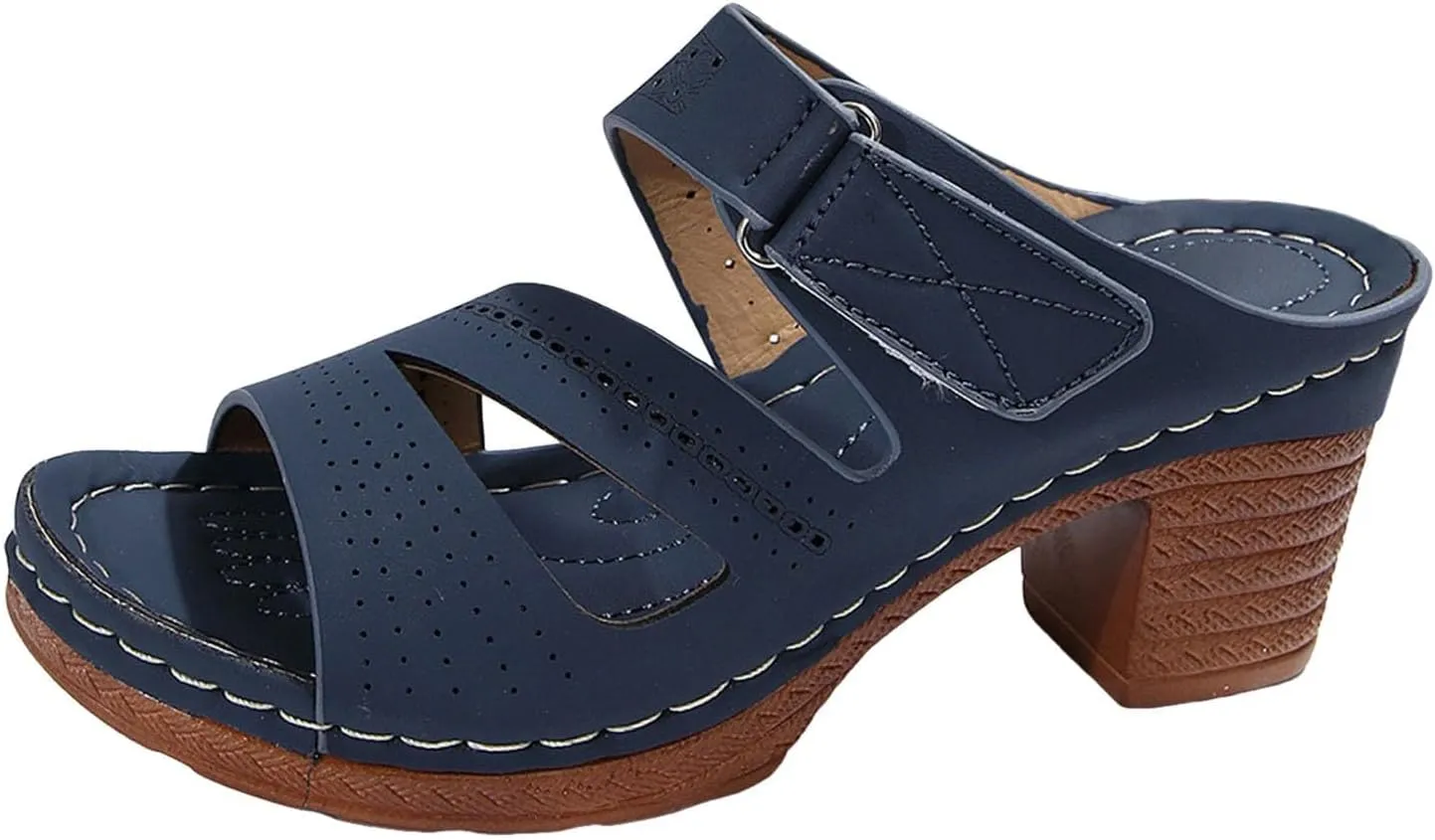 Womens Chunky Heels Sandals Casual Dressy Open Toe Adjustable Ankle Strap Slip On Beach Slides Platform Heels Slippers