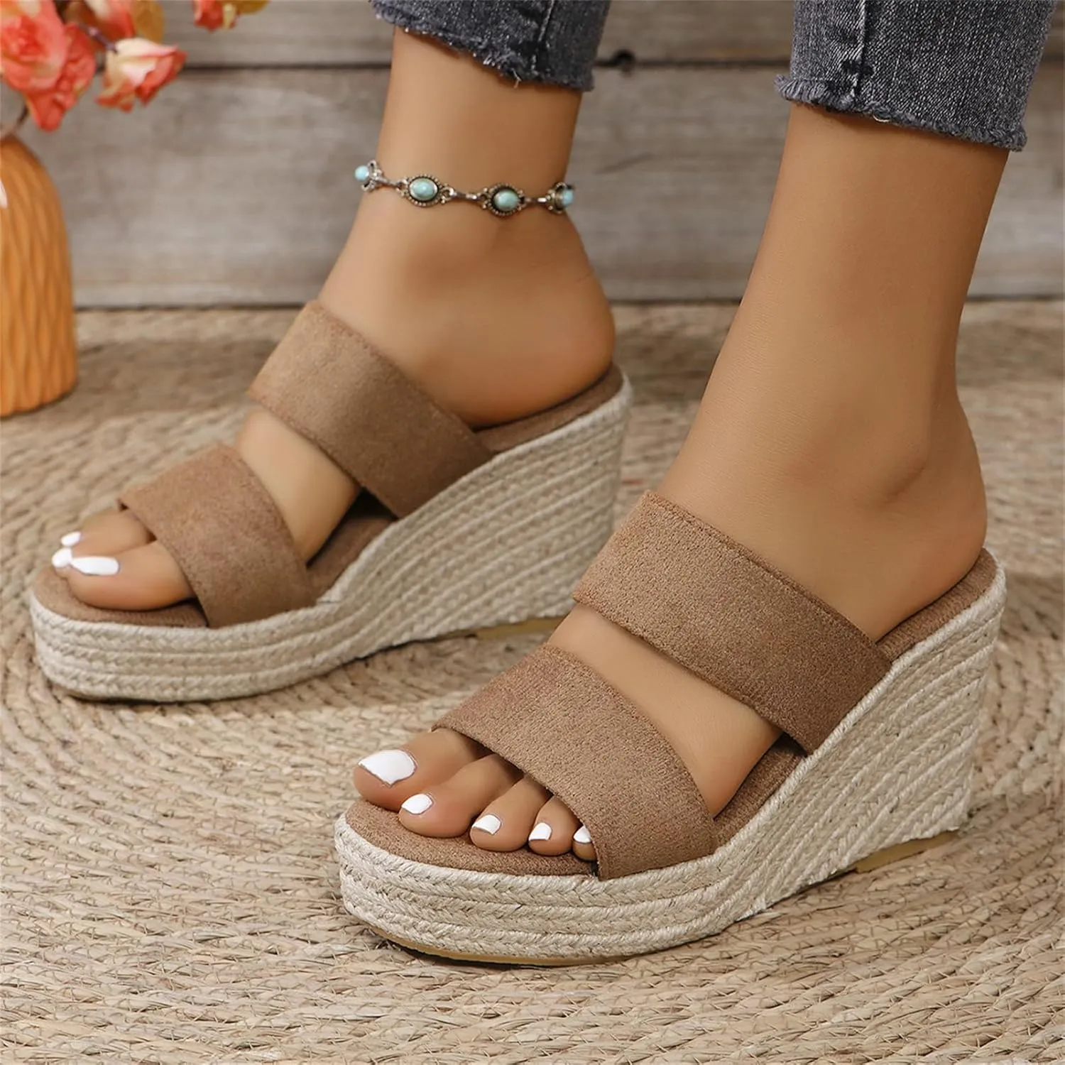 Womens Wedge Sandals Wide Width Platform Espadrille Heels Open Toe Strappy Slip On Casual Summer Slide Shoes Summer Outdoor Beach Sandals