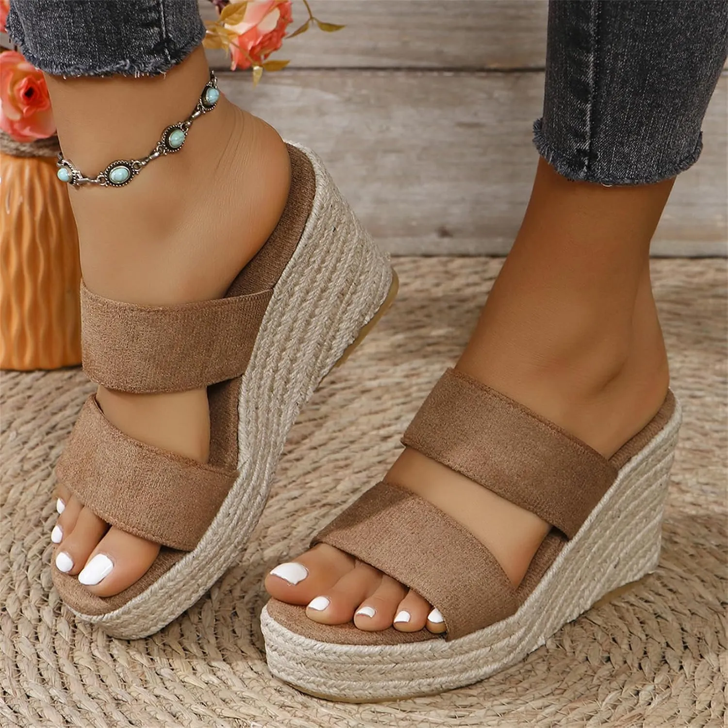 Womens Wedge Sandals Wide Width Platform Espadrille Heels Open Toe Strappy Slip On Casual Summer Slide Shoes Summer Outdoor Beach Sandals
